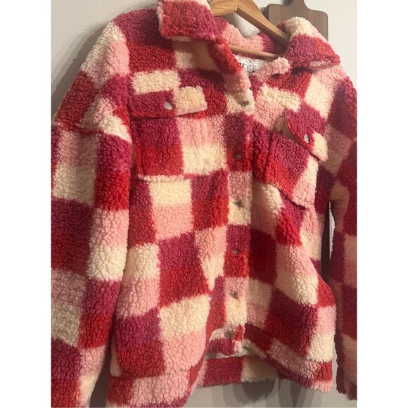 Beach Riot Red Pink Checkered Teddy Faux Sherpa Laurie Coat Jacket Size Medium - Picture 3 of 6